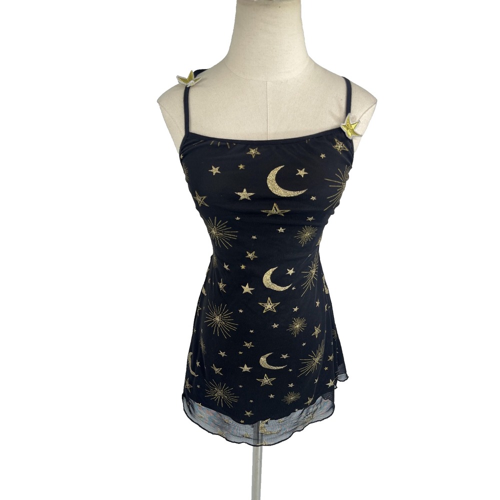 Dolls Kill Trickz N Treatz Womens Black Mesh Gold Star Moon Dress Size Large